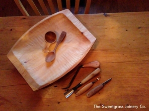 Woodwork/The Sweetgrass Joinery Co. - handcarved bowl in eastern white pine & spoons in sugar maple and apple
