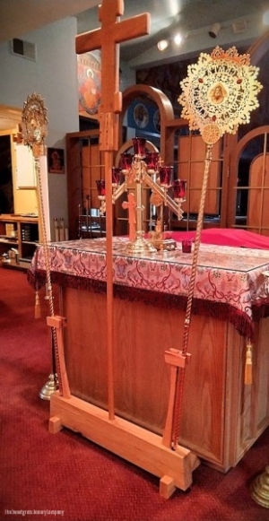 Woodwork/The Sweetgrass Joinery Co. - Orthodox Catholic , rapidia and processional cross stand in red oak.